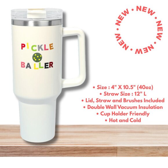 White PICKLEBALL Lovers Players 40 oz Stainless Steel Travel Tumbler Coffee Mug - Picture 1 of 5